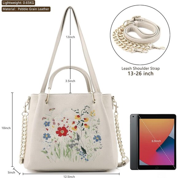 Women's Soft Vegan Leather Embroidered Designer Top Shoulder Handle Tote Bag - Picture 3 of 9